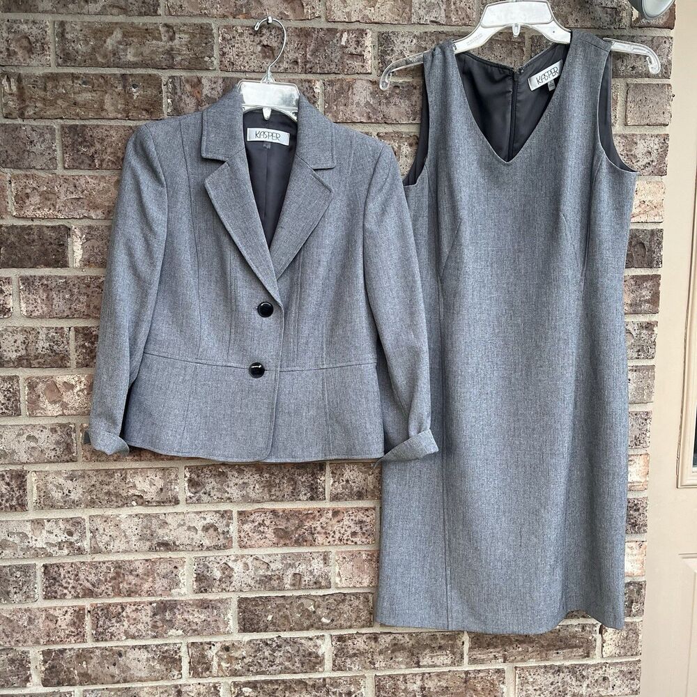 Kasper 2 Pc Dress Suit Set Gray Heathered Blazer Jacket Sleeveless Sheath 4P - Picture 2 of 15